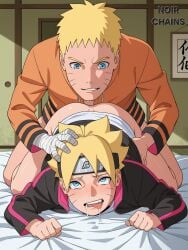 ai_generated anal anal_sex asian_male bandaged_arm bent_over blue_eyes blush boruto:_naruto_next_generations crying drooling eyes_rolling_back father_and_son gay gay_sex hand_on_head hand_on_hip headband human human_male implied_sex indoors jacket male male/male naruto naruto_(series) penile_penetration penis penis_in_ass rape smile tan-skinned_male tan_skin tight_anus uzumaki_boruto uzumaki_naruto yellow_hair