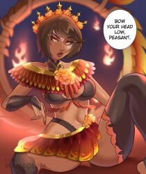 1girls belly belly_button black_bra bra breasts brown_hair dark-skinned_female dark_skin dialogue english_text eyelashes female female_focus female_only hair hair_ornament hi_res la_ilusion_qiyana la_ilusion_series league_of_legends mambolina nail_polish patreon patreon_username qiyana_yunalai red_nails riot_games short_hair sitting skirt solo solo_female solo_focus speech_bubble tagme text thick_thighs thighhighs thighs watermark yellow_eyes