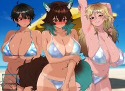 2025 2d_artwork 3girls animal_ears animal_tail arms_under_breasts artist_signature bare_shoulders beach beach_background beach_setting bikini bikini_bottom bikini_only bikini_top black_eyes black_eyes_female black_hair black_hair_female blonde_hair blonde_hair_female blue_sky blue_sky_background blushing blushing_female blushing_profusely boobs boobs_bigger_than_head borrowed_character breasts breasts_bigger_than_head busty busty_female cat_ears cat_girl cat_tail catgirl earring earrings fanart fanart_from_twitter females females_focus females_only girls_only gold_earrings gold_jewelry hand_on_own_shoulder hi_res huge_boobs huge_breasts huge_tits march_(month) mizuki_(ocerius) naoki_hanna no_sex ocerius outdoor outdoors plump_breasts ramoone short_hair short_hair_female showing_armpit sky smile smiling smiling_at_viewer sweat sweating_female sweaty sweaty_body sweaty_breasts tan-skinned_female tan_body tan_lines tan_skinned_female thicc thicc_breasts tits tits_bigger_than_head trio trio_female trio_focus twitter_link twitter_user_oc umbrella white_earrings white_jewelry