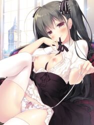 black_hair blush bow bow_panties breasts cleavage clock clock_tower corset dengeki_moeou female hairbow hand_to_own_mouth highres indoors leg_lift long_hair motomiya_mitsuki mouth_hold naughty_face nipples open_clothes open_shirt panties purple_eyes ribbon_in_mouth scan shirt side-tie_panties smile solo string_panties thighhighs tower two_side_up underbust underwear untied untied_panties untying white_legwear white_panties