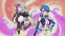 2girls adapted_costume ass belt bessho_emma blue_angel blue_eyes blue_girl blue_hair breasts clothing edit elbow_gloves female fingerless_gloves gloves grey_hair hand_on_hip large_breasts leotard long_hair looking_at_viewer multicolored_hair nipples one_eye_closed purple_hair short_hair smile tattoo wd_(artist) yu-gi-oh! yu-gi-oh!_vrains zaizen_aoi