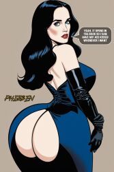 ai_art ai_generated big_ass blue_eyes caked_up caption dialogue elbow_gloves evening_gown female female_focus female_only huge_ass oc original original_character original_characters phizben red_lipstick story wavy_hair wide_hips word_balloon