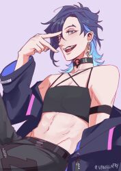 1boy 2022 armband artist_name artist_signature blue_eyes choker clothed earrings femboy first_post_of_artist jacket male male_only midriff midriff_baring_shirt nijisanji nijisanji_en open_mouth shoulder_length_hair streetwear toned twink two_tone_hair v vanillafry virtual_youtuber yugo_asuma