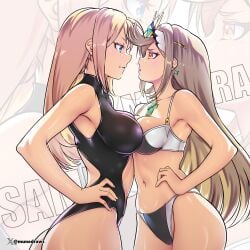 2girls artist_name ass bikini black_one-piece_swimsuit blonde_hair blue_eyes breast_press breasts character_name company_connection core_crystal crossover earrings etchimune floating_earring hair_down hand_on_own_hip jewelry large_breasts long_hair metroid multiple_girls mythra nintendo one-piece_swimsuit samus_aran swept_bangs swimsuit tiara v-shaped_eyebrows white_bikini xenoblade_(series) xenoblade_chronicles_2 yellow_eyes