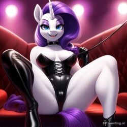 ai_generated black_suit blue_eyes club dominatrix frosting.ai furry medium_breasts my_little_pony open_legs purple_hair rarity_(mlp) sitting white_body white_skin