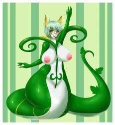 2014 arm_up big_breasts breasts female female_only furry glasses green_background green_body green_hair green_skin jcdr nintendo nipples original original_character pokemon pokemon_(species) red_eyes scalie serpentine serperior short_hair waving white_body white_border white_skin wide_hips yumi_leaf