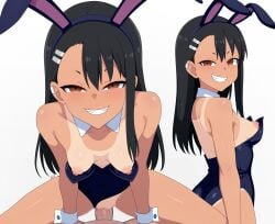 1boy absurdres ai_assisted animal_ears asymmetrical_bangs black_hair black_leotard breasts brown_eyes bunny_ears bunnysuit clothing_aside cowgirl_position dark-skinned_female dark_skin detached_collar earclip english_commentary fake_animal_ears female grin guilegaze hair_ornament hairclip hayase_nagatoro highres ijiranaide_nagatoro-san leotard leotard_aside long_hair looking_at_viewer medium_breasts multiple_views nagatoro_hayase nipples oerba_yun_fang oversized_breast_cup penis playboy_bunny please_don't_bully_me,_nagatoro pov rabbit_ears sex small_breasts smile straddling straight tan tanlines uncensored white_background white_wrist_cuffs wrist_cuffs