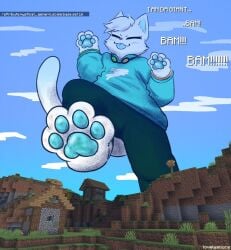 / bam! blue_pants blue_pawpads blue_topwear bluesky closed_eyes cube cute english_text feline foot_focus furry giant giantess girl house lovelysnore macro micro minecraft mysticat mysticat_(youtuber) paws sound_effects tongue_out village