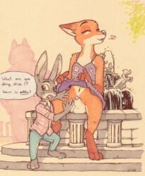 animal_genitalia blush canine clothed clothing crossdressing disney dress dress_lift fatalfox fountain fox heart judy_hopps lagomorph male mammal nick_wilde penis presenting public rabbit sheath shirt size_difference traditional_media_(artwork) zootopia