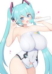 1girls alternate_version_available bare_shoulders big_breasts blue_eyes blue_hair blush female female_focus female_only hatsune_miku holding_microphone holding_object huge_breasts large_breasts light-skinned_female light_skin long_hair looking_at_viewer panties peace_sign simple_background solo subten thick_thighs thighs twintails v vocaloid white_background