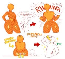 1girls 2025 4koma artist_name blush breasts comic dialogue drinking english_text female fishnet_clothing fishnets fruit fruit_humanoid lactating_in_glass lactating_juice lactation medium_breasts nipples orange_(fruit) orange_juice orange_skin puppysnackz ripped_clothing ripping_clothing speech_bubble thick_thighs unusual_lactation watermark white_background