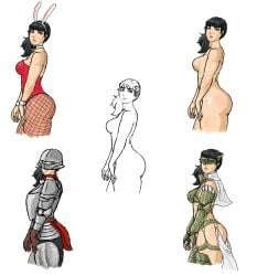 1girls armor art_study black_hair blue_eyes bunnysuit comparing comparison dark_hair female fit_girl franktonius knight nude oc original_character side_view sideshot skimpy_armor solo