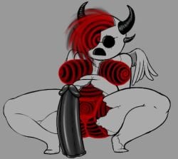 1girls abyss apollyon_(the_binding_of_isaac) black_dildo cracked_skin cracked_stone dildo guilboss hollow_eyes naked naked_female neutral_expression nude nude_female sex_toy short_hair spiral spirals squatting stone stone_body tainted_apollyon the_binding_of_isaac uzumaki_symbol wings