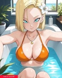 1989 2025 ai_generated android18dx android_18 bath bathing bathroom bathtub dragon_ball dragon_ball_super dragon_ball_z facebook instagram meta orange_bikini toei_animation