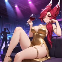 ai_generated animal_ears dress gold_dress knee_up league_of_legends night_club red_hair riot_games seductive_look slit_dress smile thigh_strap vastaya wine wine_glass xayah