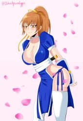 ass blush breasts cleavage curvaceous dead_or_alive female john_apocalypse kasumi_(doa) large_breasts long_hair looking_at_viewer no_bra no_panties no_underwear orange_eyes orange_hair ponytail smile thighhighs