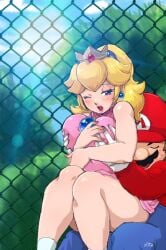 1boy 1girls ass big_breasts blonde_female blonde_hair blue_eyes blush bottomless breast_grab breasts brown_hair closed_eyes clothed crown earrings eyelashes female fingernails groping half-closed_eyes hat human knees_together lipstick long_hair looking_back male male/female mario mario_(series) mario_bros mario_tennis moustache nintendo nm_qi open_mouth outdoors ponytail princess_peach royalty shirt short_hair sitting socks straight super_mario_bros. sweat text thighs