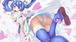 a-er_(akkij0358) ass blue_angel blue_hair blue_thighhighs boots breasts card detached_wings earrings female female_focus from_behind from_below heart heart_earrings highres jewelry large_breasts long_hair multicolored_hair open_mouth panties purple_eyes purple_hair sideboob skirt sleeveless smile solo thigh_boots thighhighs twintails underwear upskirt wings yu-gi-oh! yu-gi-oh!_vrains zaizen_aoi zettai_ryouiki