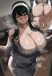 1girls ass big_ass big_breasts black_hair black_panties blush breasts cleavage collarbone covered_navel cropped_jacket dress female grey_dress grey_jacket hairband hella_p jacket large_breasts long_hair long_sleeves looking_at_viewer multiple_views panties red_eyes see-through_clothing sidelocks smile solo spy_x_family sweat thighs tight_clothing tight_dress underwear yor_briar yor_forger