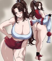 1girls 2d alternate_costume ass big_breasts blush breasts brown_eyes brown_hair cleavage curvy drogod_(artist) fatal_fury female female_focus full_body hella_p high_ponytail huge_breasts japanese_clothes king_of_fighters large_breasts leotard long_hair mai_shiranui motoyui multiple_views navel parted_lips ponytail red_leotard short_shorts shorts tank_top thick_thighs thighs thong very_long_hair white_tank_top