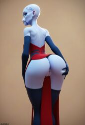 1girls ai_generated asajj_ventress bald bald_female darkeffect elbow_gloves female female_only nude partially_clothed presenting_hindquarters rear_view red_dress solo solo_female solo_focus star_wars thighhighs