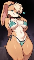 ai_generated anthro areola areola_bulge areola_slip areolae areolae_slip blonde_hair blue_eyes blush cleavage detailed furry gloves huge_breasts large_breasts lola_bunny looking_at_viewer looney_tunes massive_breasts nipple_slip pink_nipples ponytail skinny spread_pussy tank_top warner_brothers