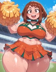 ai_generated boku_no_hero_academia brown_hair cheerleader cheerleader_uniform chubby crop_top female large_breasts love_handles miniskirt muffin_top my_hero_academia ochako_uraraka plump pom_poms skindentation slopanonai smile smiling solo steaming_body sweat thick_thighs wide_hips