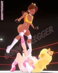 2girls 3d 3d_animation animated announcer ass ass_shake attack blonde_hair blue_eyes blush boots breasts breathing camera_flash cleavage cleavage_cutout clothing crowd crown cunt_punt cuntbusting dark-skinned_female dark_skin domination earrings evil_grin exhausted female female_only fight fighting_ring gloves green_eyes gym_shorts hurt_expression indoors jiggle kicking knee knee_pads knee_socks kneehighs kneesocks large_breasts leotard long_hair low_blow mario_(series) medium_breasts multiple_girls nail_polish nintendo open_mouth pain pale-skinned_female pale_skin pink_boots princess_daisy princess_peach running ryona shaking smile socks sports_bra stepped_on stepping_on_back stepping_on_female stomping super_smash_bros. sweat tagme thighs triggerbunbun turnbuckle vhs vhs_filter white_boots white_socks wrestler wrestling wrestling_outfit wrestling_ring