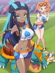 >_< 2girls 2pokemon absurdres armlet black_hair blue_eyes blue_hair blush breasts chocolate_and_vanilla clothing crop_top dark-skinned_female dark_skin drednaw earrings eyeshadow eyewear_on_head female gloves hair_bun hair_ornament heart heart_hair_ornament highres hoop_earrings jewelry light-skinned_female light_skin long_hair looking_at_viewer makeup midriff multicolored_hair multiple_girls navel necklace nessa_(pokemon) open_mouth orange_hair pokemoa pokemon pokemon_ss pokemon_swsh short_shorts side_ponytail single_glove single_hair_bun smile sonia_(pokemon) sunglasses sunglasses_on_head two-tone_hair yamper