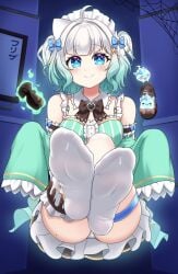 blue_eyes efreezerarts feet female foot_fetish foot_focus footwear freezer_(frzr/efreezerarts) frzr ghost_girl green_hair indie_virtual_youtuber looking_at_viewer mint_fantome smile socks virtual_youtuber white_hair