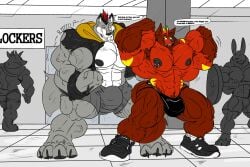 2018plantigrade 4_toes absurd_res anthro big_bulge big_muscles black_nipples boxers_(clothing) bulge canid canine canis clothing countershading dialogue dumbbell english_text eyewear feet fierglief fierglief_(character) fist flexing footwear fox fur glasses grey_body grey_fur grin group gym hi_res hoodie huge_bulge huge_muscles hyper hyper_muscles inside lagomorph leporid lifting looking_at_another male mammal muscular nipple_piercing nipples piercing rabbit raised_arm red_body red_eyes red_fur shoes smile speech_bubble standing swaggy text toes topwear underwear veiny_muscle weights white_body white_countershading wolf yellow_eyes