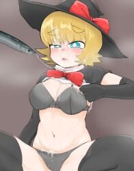 artist_request black_bra black_elbow_gloves black_panties black_thighhighs blue_eyes blush bow bowtie bra bright_pupils cookie_(touhou) cum_in_mouth cum_on_bra cum_on_breasts cum_on_face cum_on_hair cum_on_panties cum_string elbow_gloves facial female fish marisa_kirisame medium_breasts meguru_(cookie) panties pulling_clothing red_bow red_bowtie short_hair slightly_open_mouth steam tagme thighhighs touhou tuna_fish white_pupils white_shirt witch_hat yellow_hair