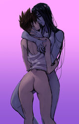 2girls ass black_hair black_nails blue_skin bottomless breasts brown_hair female female_only gradient gradient_background height_difference kitsunebi-x long_hair mole multiple_girls nail_polish nipples nude overwatch spiky_hair tank_top tracer vashperado widowmaker yuri