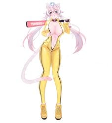 animal_ear_fluff animal_ears baseball_bat black_background blue_eyes blush bodysuit breasts cat_ears cat_tail cleavage female full_body grin hair_ornament heart-shaped_pupils holding holding_baseball_bat large_breasts long_hair looking_at_viewer navel open_bodysuit open_clothes pink_hair shoes simple_background smile solo symbol-shaped_pupils tail twintails virtual_youtuber yellow_bodysuit yellow_footwear yumekomoore