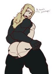 1boy 1male big_ass big_ass_(male) blonde_hair colored colored_sketch cybernetics cyberpunk cyborg doxiedummy gay green_eyes jockstrap long_hair long_hair_male male mullet original_character pants_down saige_(doxie) tooth_gap yaoi