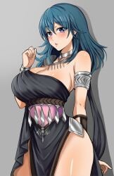 arm_behind_back armlet black_dress blue_eyes blue_hair breasts byleth_(female)_(fire_emblem) byleth_(fire_emblem) byleth_(fire_emblem)_(female) cleavage dancer_(fire_emblem:_three_houses) dress female fire_emblem fire_emblem:_three_houses grey_background hand_up highres jewelry large_breasts long_hair nintendo parted_lips pelvic_curtain simple_background single_bare_shoulder solo tara_(szzj7733)