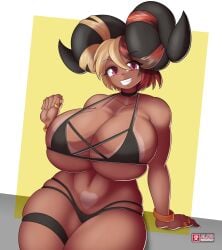 1girls ai_od aife_(zanamaoria) big_breasts big_horns bikini blonde_hair bracelets brown_hair choker curved_horns female female_only grin grinning_at_viewer hair_on_horn heart_tan hi_res horns huge_breasts looking_at_viewer micro_bikini pink_eyes ring smiling smiling_at_viewer solo succubus tan_body tan_skin tanline thick_thighs thigh_squish thigh_strap two_tone_hair very_high_resolution