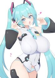 1girls alternate_version_available big_breasts blue_eyes blue_hair blush female female_focus female_only hatsune_miku heart-shaped_pupils holding_object huge_breasts large_breasts light-skinned_female light_skin long_hair looking_at_viewer panties peace_sign simple_background solo subten thick_thighs thighs twintails v vocaloid white_background