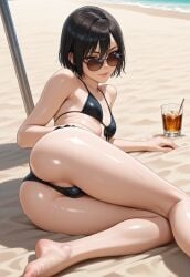 1boy 1femboy 2025 ai_generated alternate_version_available anus_peek ass beach bikini bikini_bottom bikini_top black_bikini crossdressing femboy feminine_male girly lying lying_on_side outdoors outside smittypitty solo sunglasses thighs trap