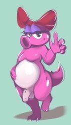 2024 3_toes 5_fingers anthro balls belly biped birdo birdo_(character) black_eyes bow_ribbon claws feet female_(lore) fingers flaccid genitals green_background hi_res humanoid_genitalia humanoid_penis looking_at_viewer male mario_bros nintendo penis pink_body pink_skin pink_tail simple_background solo squaresville standing tail thick_thighs toes white_belly white_claws white_penis