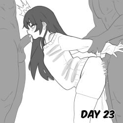 2d 2d_(artwork) 2d_artwork 3boys background black_and_white black_body black_hair black_hair_male black_penis cum cumming cumming_in_ass cumming_in_mouth dark-skinned_male dark_skin day_count days_counter english_text femboy feminine feminine_body feminine_male heart heart-shaped_pupils heart_eyes heart_symbol holding holding_arms holding_arms_back kanoji_(ni_kanojo) long_hair long_hair_male long_haired_femboy looking_pleasured looking_up monochrome no_panties oc original_character partially_clothed_male partially_nude partially_undressed penetrating penetrating_male penetration penis penis_in_mouth sucking sucking_penis text white-skinned_femboy white-skinned_male white_background white_body white_skin yaoi