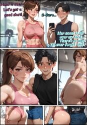 1boy 1boy1girl 1girls accidental_circumstance ai_generated ass_visible_through_thighs athletic_female average_sized_penis blizzard_entertainment comic comic_cover comic_page comic_panel comic_strip d.va dialogue english_text gym micro_shorts overwatch overwatch_2 phone selfie shiny_skin sports_bra story teasing text velvet_nymph wet