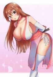 arm_guards artist_request bare_shoulders blush breasts cleavage curvaceous dead_or_alive female japanese_clothes kasumi_(doa) large_breasts long_hair looking_at_viewer no_bra no_panties no_underwear open_mouth orange_eyes orange_hair revealing_clothes sword tecmo thighhighs thighs very_long_hair weapon