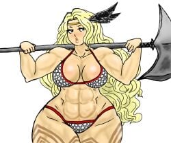 abs amazon amazon_(dragon's_crown) axe biceps breasts chainmail_bikini dragon's_crown female female_abs female_warrior franktonius girl_abs holding_axe holding_weapon long_hair muscle muscle_girl muscular muscular_female tagme thick_thighs weapon wide_hips