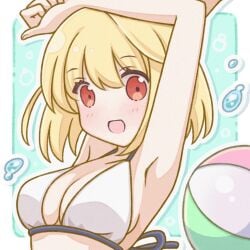 1girl :d arcueid_brunestud arm_on_own_head armpits arms_up artist_request ball beachball bikini blonde_hair blush breasts carnival_phantasm cleavage commentary_request hair_between_eyes looking_at_viewer official_alternate_costume red_eyes short_hair sidelocks single_hair_intake smile solo swimsuit tsukihime water water_drop white_bikini