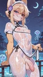 1boy ai_generated animal_ears blonde_hair blue_eyes blush china_dress chinese_clothes covered_navel crescent_moon decurse dress flaccid flower foreskin furry grin hair_flower hair_ornament looking_at_viewer maid_headdress makeup male_focus moon night night_sky nipples otoko_no_ko outdoors panty_anarchy penis seductive_smile see-through short_sleeves sky smile solo star_(sky) tail teeth testicles uncensored wet wet_clothes white_dress