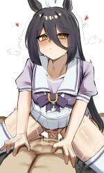 1boy 1girl absurdres ahoge animal_ears black_hair blush closed_mouth clothed_sex commentary cowgirl_position english_commentary girl_on_top hair_between_eyes hetero highres horse_ears horse_girl iog626 long_hair manhattan_cafe_(umamusume) penis purple_shirt sex shirt simple_background skirt solo_focus straddling thighhighs umamusume uncensored vaginal white_background white_skirt white_thighhighs yellow_eyes