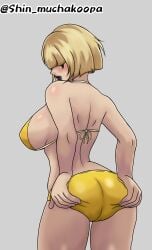 1girls activision alternate_version_available ass ass_focus ass_grab bikini blonde_female blonde_hair blush blush_lines boobs breasts commission female female_only hair_between_eyes hand_on_ass light-skinned_female light_skin lipstick rockband shin_muchakoopa yellow_bikini zehvora