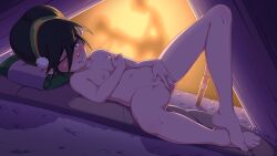 1girl avatar_the_last_airbender blush blush_lines blushing blushing_female breasts fingering_self grabbing_breasts grabbing_own_breast masturbating masturbation rockset small_breasts solo solo_female teen teenage_girl teenager tent toph_bei_fong toph_beifong