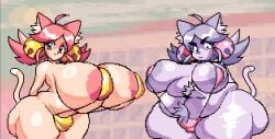 2girls big_ass big_belly big_breasts cat_ears cat_tail catgirl deltarune deltarune_chapter_5 hairy_pussy mad_mew_mew mew_mew_(undertale) pink_(deltarune) pubes tagme